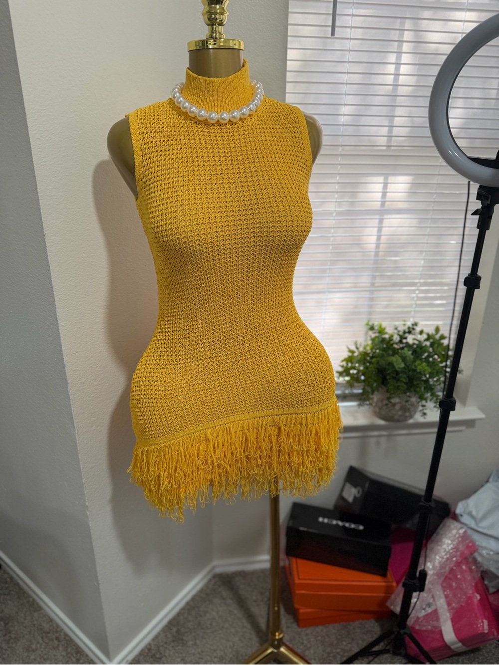 Zara Mustard Yellow Knit Fringe Mini Dress